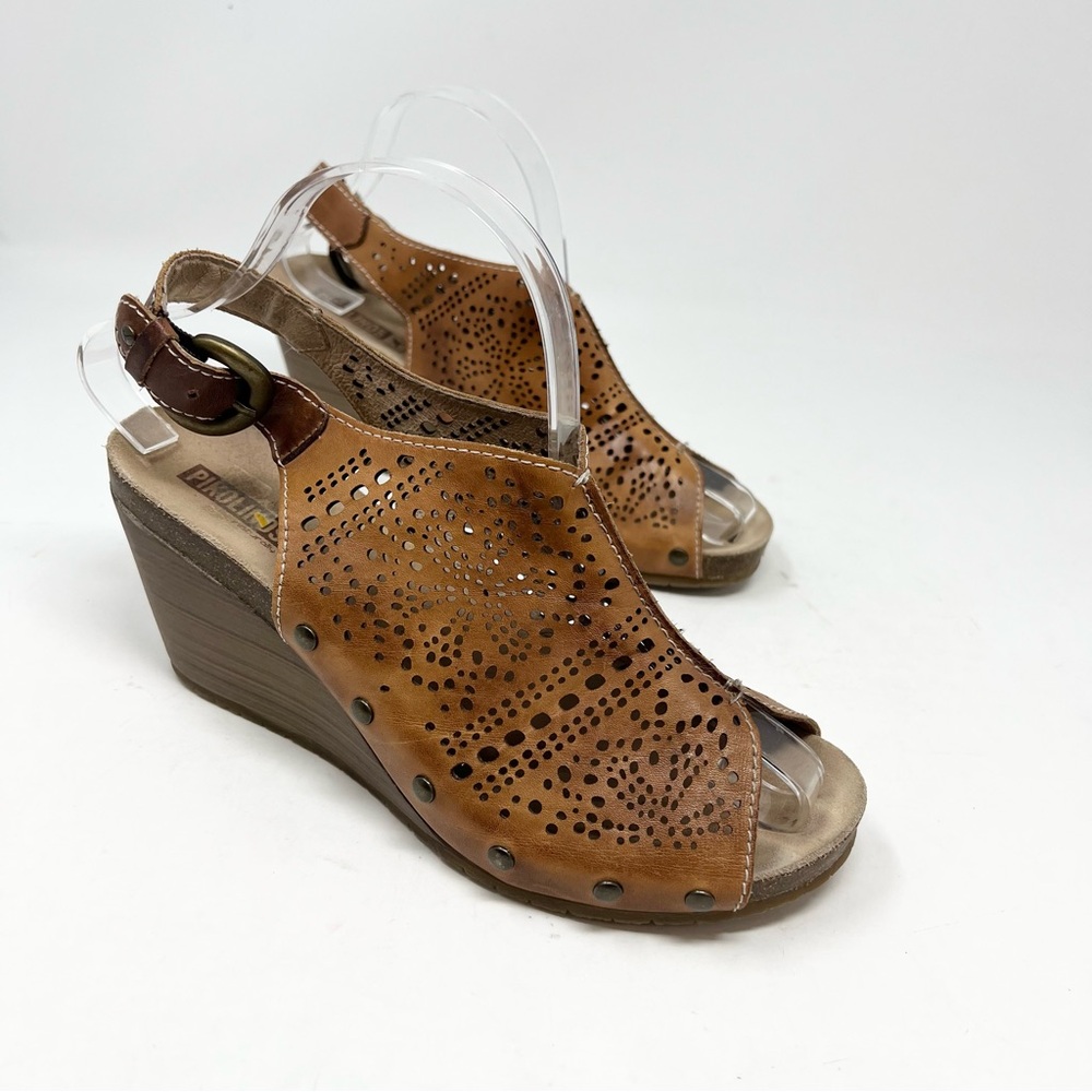 PIKOLINOS Benissa Brandy Burnished Leather Wedge Sling Back Sandals Size 40 EU